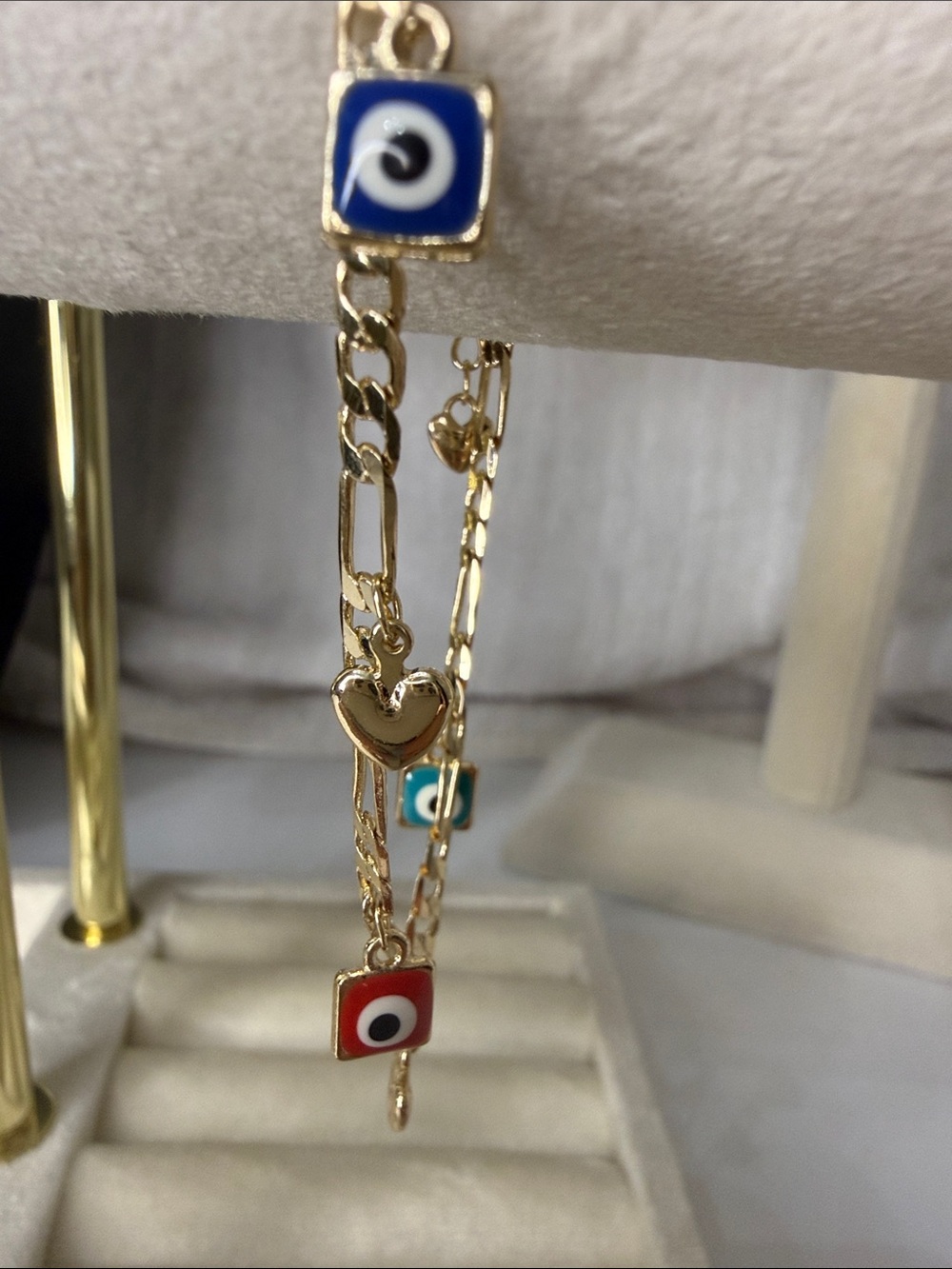 Gold Chain Bracelet/Anklet with Hearts and Red, Blue & Turquoise Evil Eye Charms